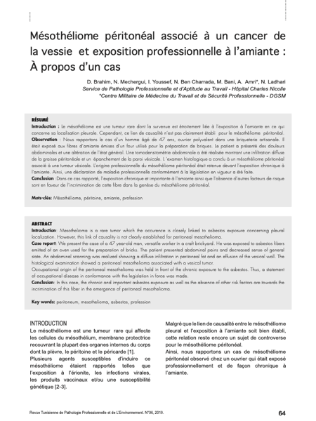 Couverture Mésothéliome péritonéal associé à un cancer de la vessie et exposition professionnelle à l’amiante : À propos d’un cas