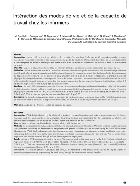 Couverture Interaction des modes de vie et de la capacité de travail chez les infirmiers
