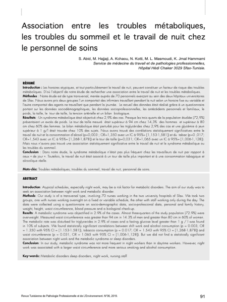 Couverture Association entre les troubles métaboliques, les troubles du sommeil et le travail de nuit chez le personnel de soins