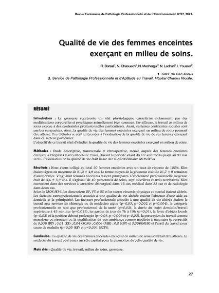 Couverture Qualité de vie des femmes enceintes exerçant en milieu de soins