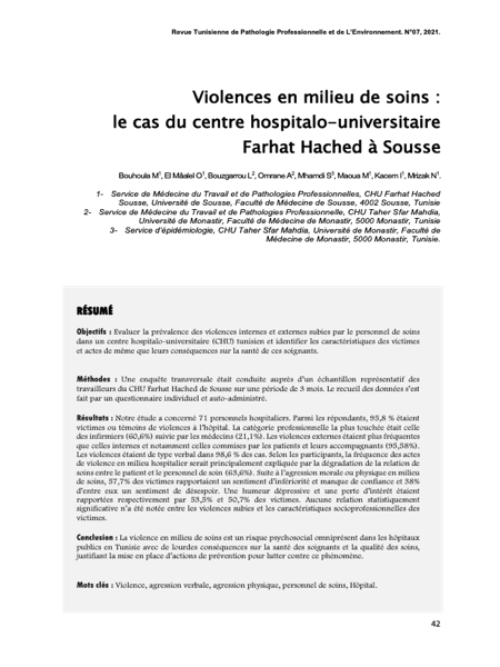 Couverture Violences en milieu de soins : le cas du centre hospitalo-universitaire Farhat Hached à Sousse