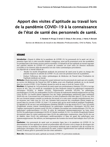 Couverture Apport des visites d’aptitude au travail lors de la pandémie COVID-19 à la connaissance de l’état de santé des personnels de santé