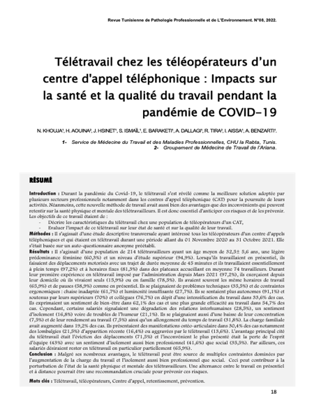 Couverture Télétravail chez les téléopérateurs d’un centre d’appel téléphonique : Impacts sur la santé et la qualité du travail pendant la pandémie de COVID-19