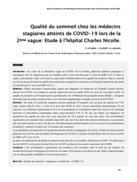 Couverture Qualité du sommeil chez les médecins stagiaires atteints de COVID-19 lors de la 2ème vague : Étude à l’hôpital Charles Nicolle