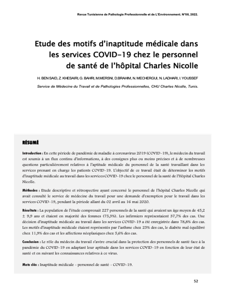 Couverture Étude des motifs d’inaptitude médicale dans les services COVID-19 chez le personnel de santé de l’hôpital Charles Nicolle