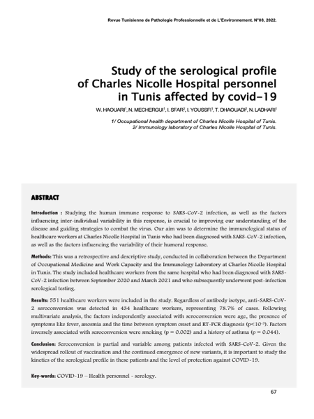 Couverture Study of the serological profile of Charles Nicolle Hospital personnel in Tunis affected by COVID-19