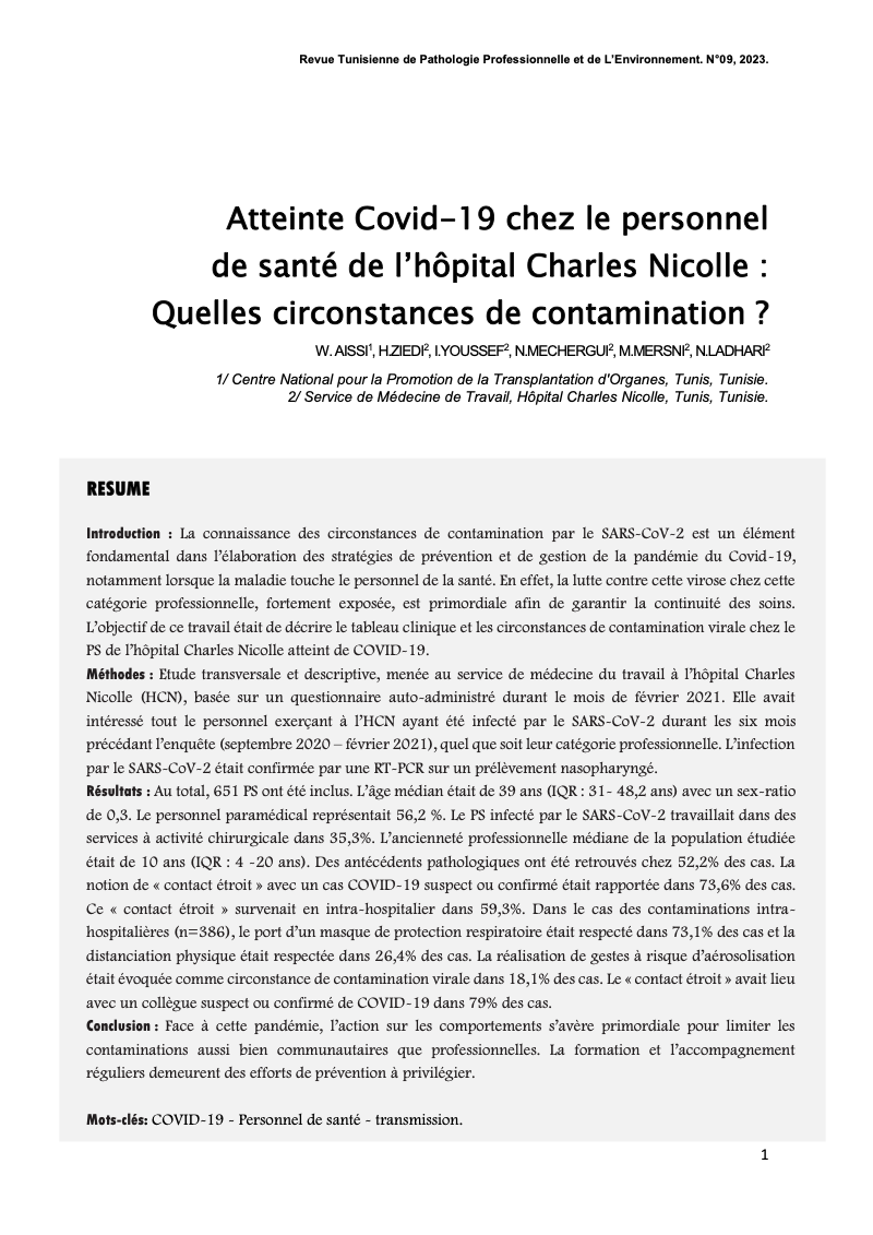 Couverture Atteinte Covid-19 chez le personnel de santé de l’hôpital Charles Nicolle : Quelles circonstances de contamination ?