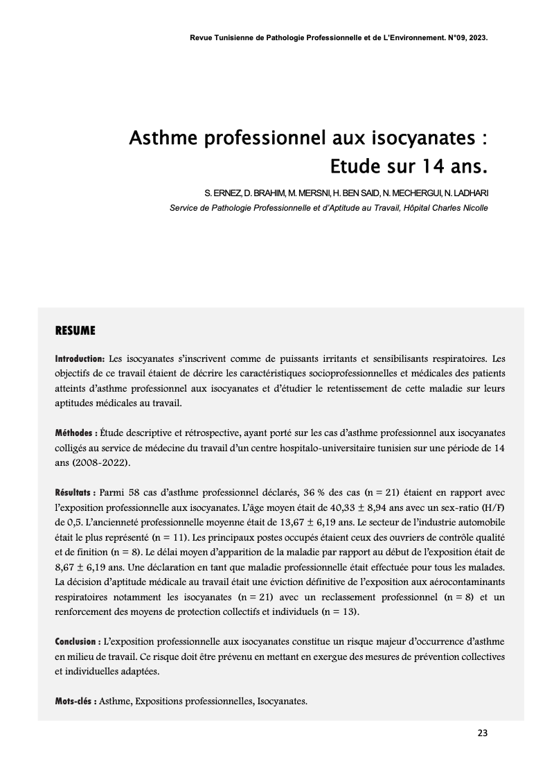 Couverture Asthme professionnel aux isocyanates : Etude sur 14 ans.