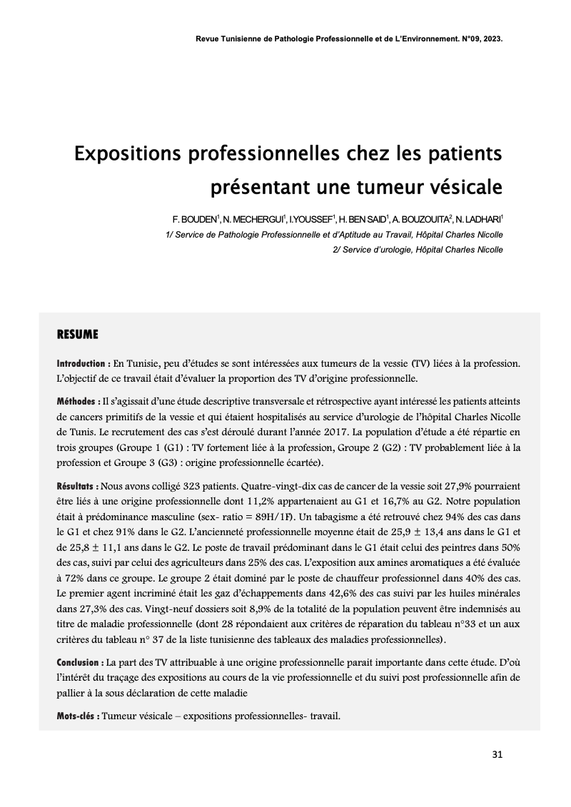 Couverture Expositions professionnelles chez les patients présentant une tumeur vésicale