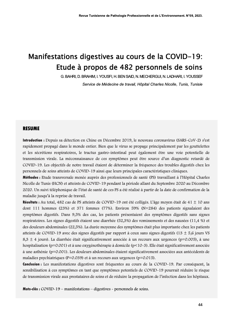 Couverture Manifestations digestives au cours de la COVID-19: Etude à propos de 482 personnels de soins