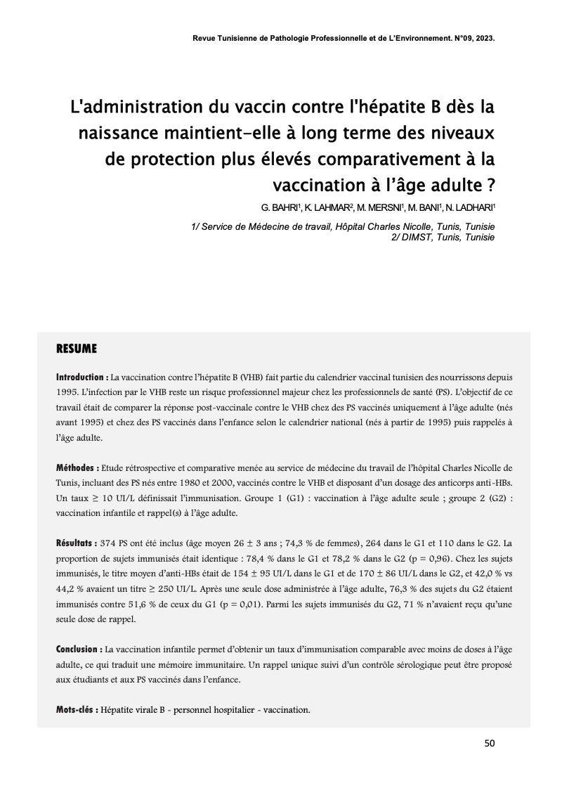 Couverture L'administration du vaccin contre l'hépatite B dès la naissance maintient-elle à long terme des niveaux de protection plus élevés comparativement à la vaccination à l’âge adulte ?